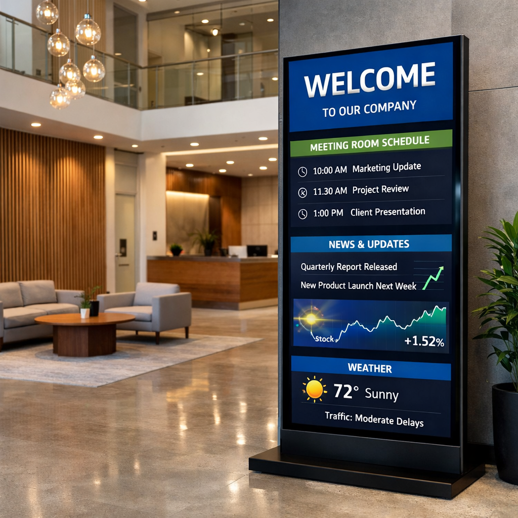 Digital sign showing meeting schedule, news, stock update, and weather in office lobby